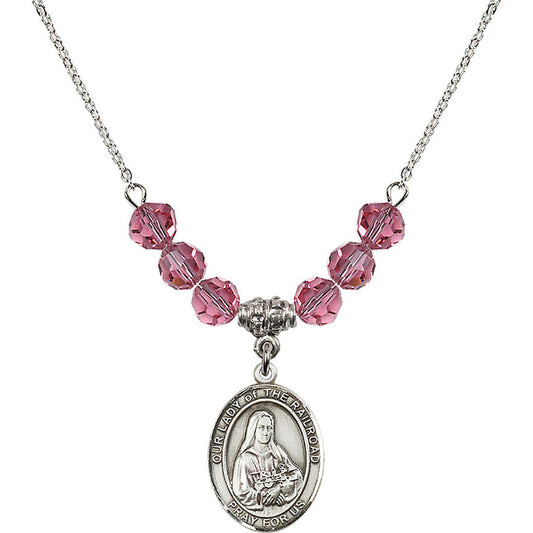 Sterling Silver Our Lady of the Railroad Birthstone Necklace with Rose Beads - 8247