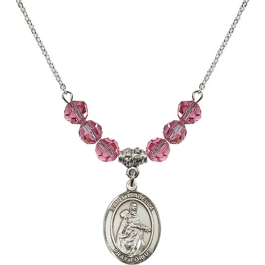 Sterling Silver Saint Isabella of Portugal Birthstone Necklace with Rose Beads - 8250