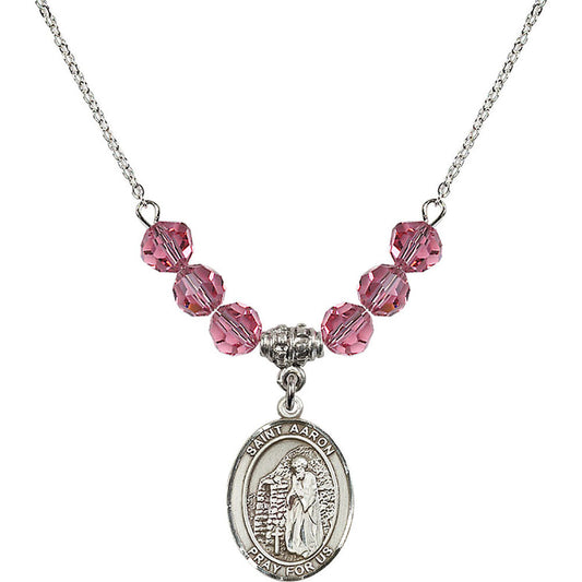 Sterling Silver Saint Aaron Birthstone Necklace with Rose Beads - 8254