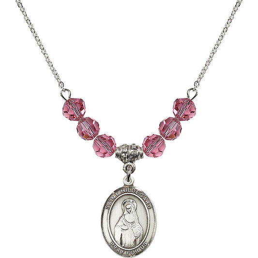 Sterling Silver Saint Hildegard von Bingen Birthstone Necklace with Rose Beads - 8260