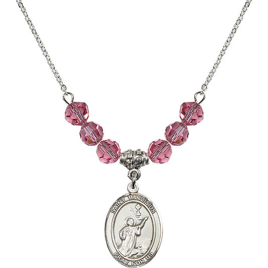 Sterling Silver Saint Tarcisius Birthstone Necklace with Rose Beads - 8261