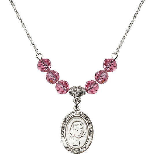 Sterling Silver Saint John Baptist de la Salle Birthstone Necklace with Rose Beads - 8262