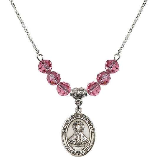 Sterling Silver Our Lady of San Juan Birthstone Necklace with Rose Beads - 8263