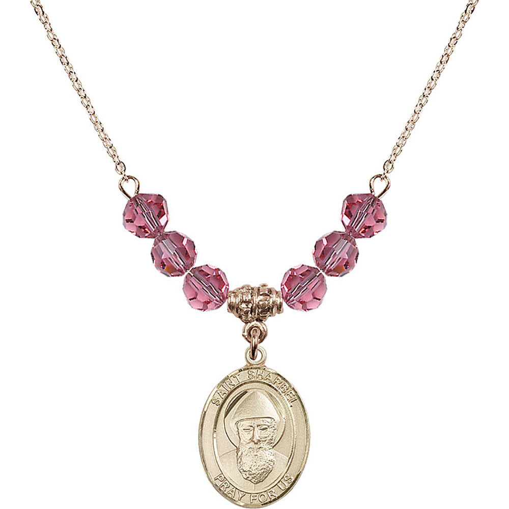 14kt Gold Filled Saint Sharbel Birthstone Necklace with Rose Beads - 8271