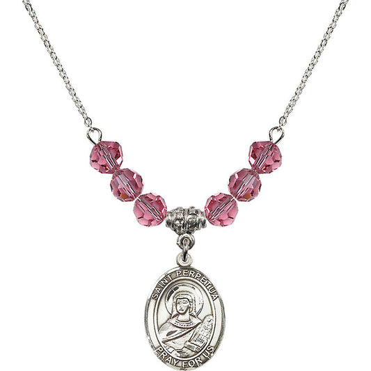 Sterling Silver Saint Perpetua Birthstone Necklace with Rose Beads - 8272
