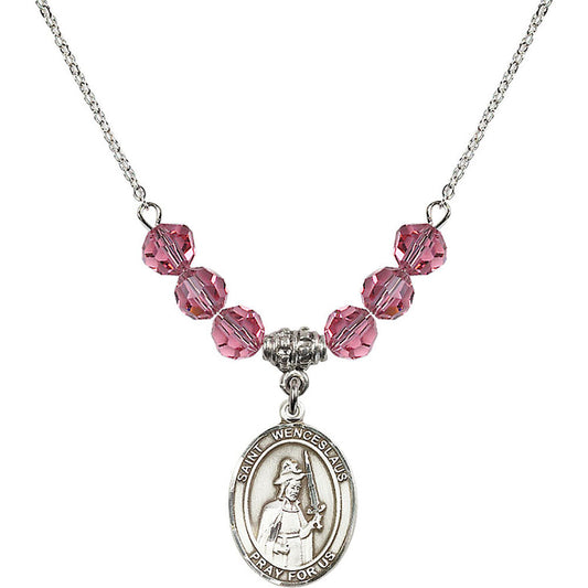 Sterling Silver Saint Wenceslaus Birthstone Necklace with Rose Beads - 8273