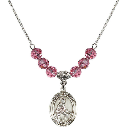Sterling Silver Saint Remigius of Reims Birthstone Necklace with Rose Beads - 8274