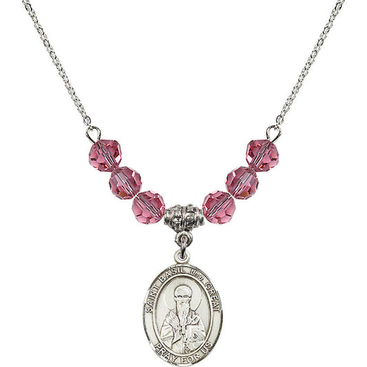 Sterling Silver Saint Basil the Great Birthstone Necklace with Rose Beads - 8275