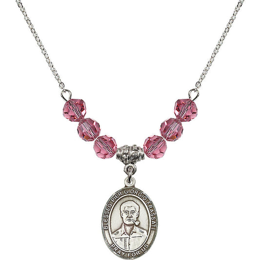 Sterling Silver Blessed Pier Giorgio Frassati Birthstone Necklace with Rose Beads - 8278