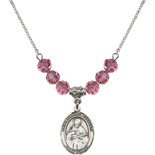 Sterling Silver Saint Gabriel Possenti Birthstone Necklace with Rose Beads - 8279