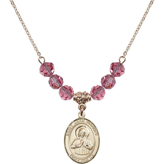 14kt Gold Filled Saint John Vianney Birthstone Necklace with Rose Beads - 8282
