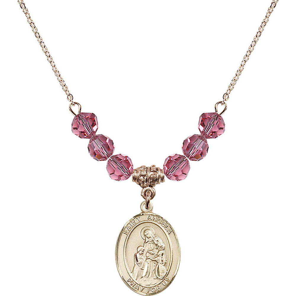 14kt Gold Filled Saint Angela Merici Birthstone Necklace with Rose Beads - 8284