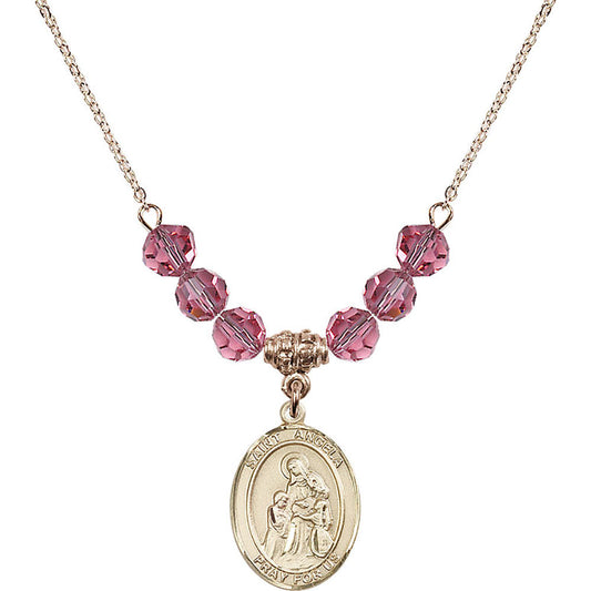 14kt Gold Filled Saint Angela Merici Birthstone Necklace with Rose Beads - 8284