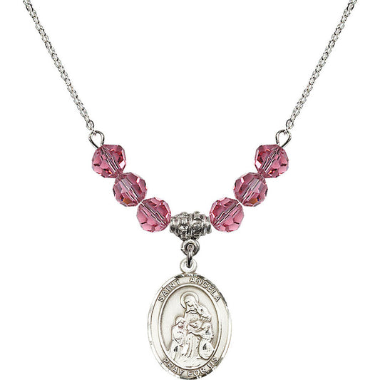Sterling Silver Saint Angela Merici Birthstone Necklace with Rose Beads - 8284