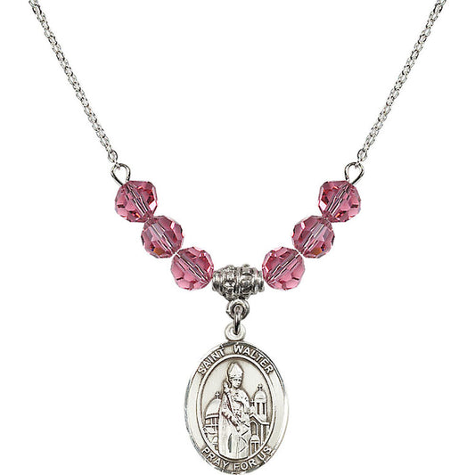 Sterling Silver Saint Walter of Pontoise Birthstone Necklace with Rose Beads - 8285