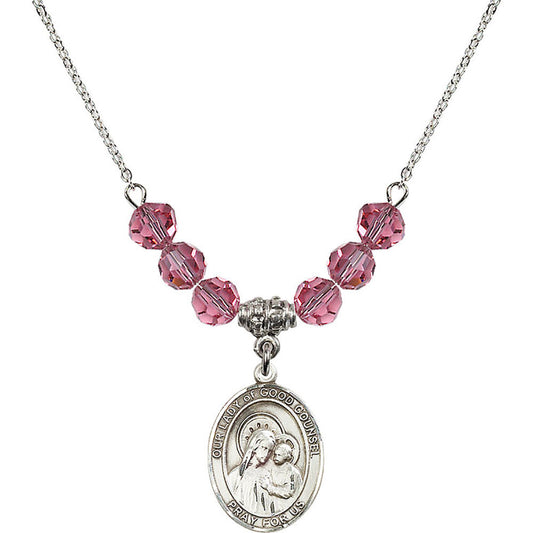 Sterling Silver Our Lady of Good Counsel Birthstone Necklace with Rose Beads - 8287