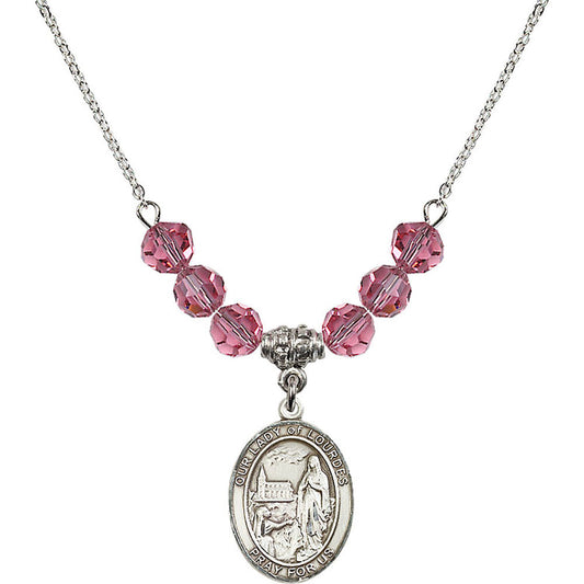Sterling Silver Our Lady of Lourdes Birthstone Necklace with Rose Beads - 8288