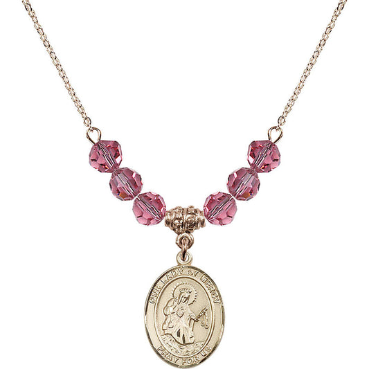 14kt Gold Filled Our Lady of Mercy Birthstone Necklace with Rose Beads - 8289