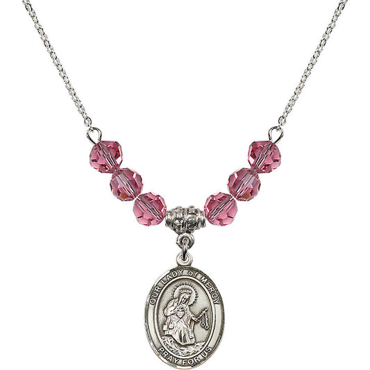 Sterling Silver Our Lady of Mercy Birthstone Necklace with Rose Beads - 8289