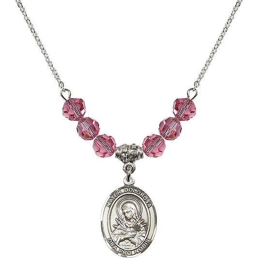 Sterling Silver Mater Dolorosa Birthstone Necklace with Rose Beads - 8290