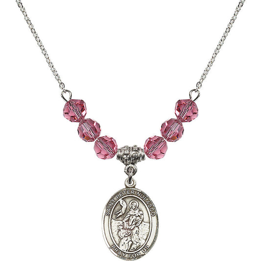Sterling Silver Saint Peter Nolasco Birthstone Necklace with Rose Beads - 8291