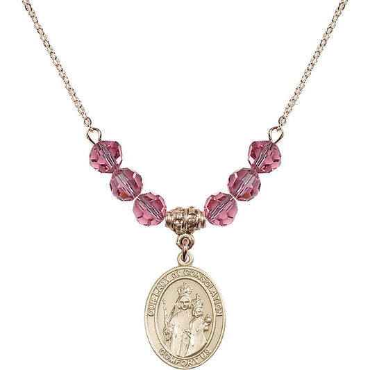 14kt Gold Filled Our Lady of Consolation Birthstone Necklace with Rose Beads - 8292