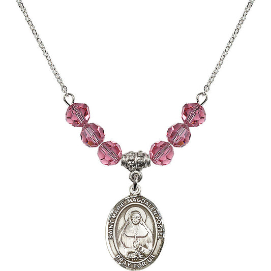 Sterling Silver Saint Marie Magdalen Postel Birthstone Necklace with Rose Beads - 8294