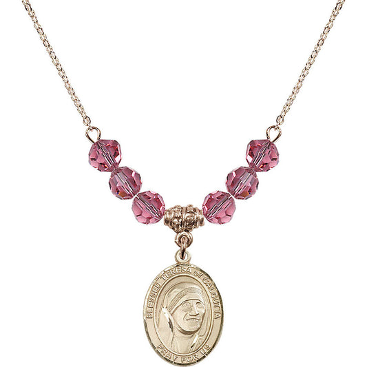 14kt Gold Filled Saint Teresa of Calcutta Birthstone Necklace with Rose Beads - 8295