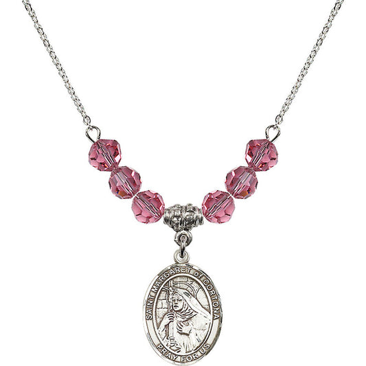 Sterling Silver Saint Margaret of Cortona Birthstone Necklace with Rose Beads - 8301