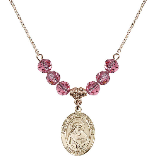 14kt Gold Filled Saint Bede the Venerable Birthstone Necklace with Rose Beads - 8302