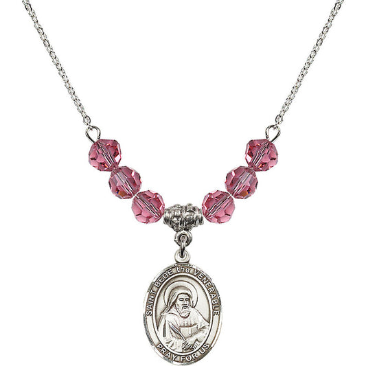 Sterling Silver Saint Bede the Venerable Birthstone Necklace with Rose Beads - 8302