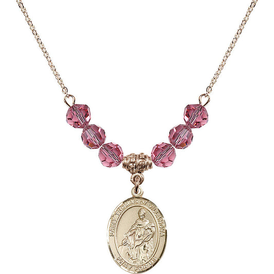 14kt Gold Filled Saint Thomas of Villanova Birthstone Necklace with Rose Beads - 8304