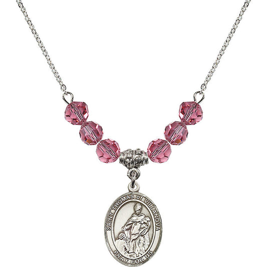 Sterling Silver Saint Thomas of Villanova Birthstone Necklace with Rose Beads - 8304