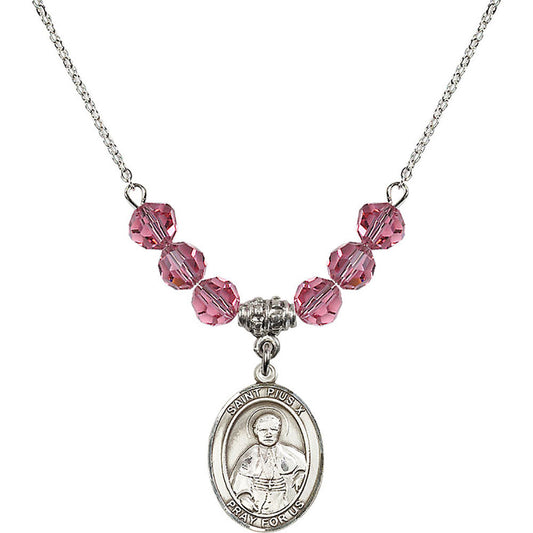 Sterling Silver Saint Pius X Birthstone Necklace with Rose Beads - 8305