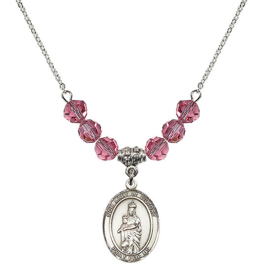 Sterling Silver Our Lady of Victory Birthstone Necklace with Rose Beads - 8306