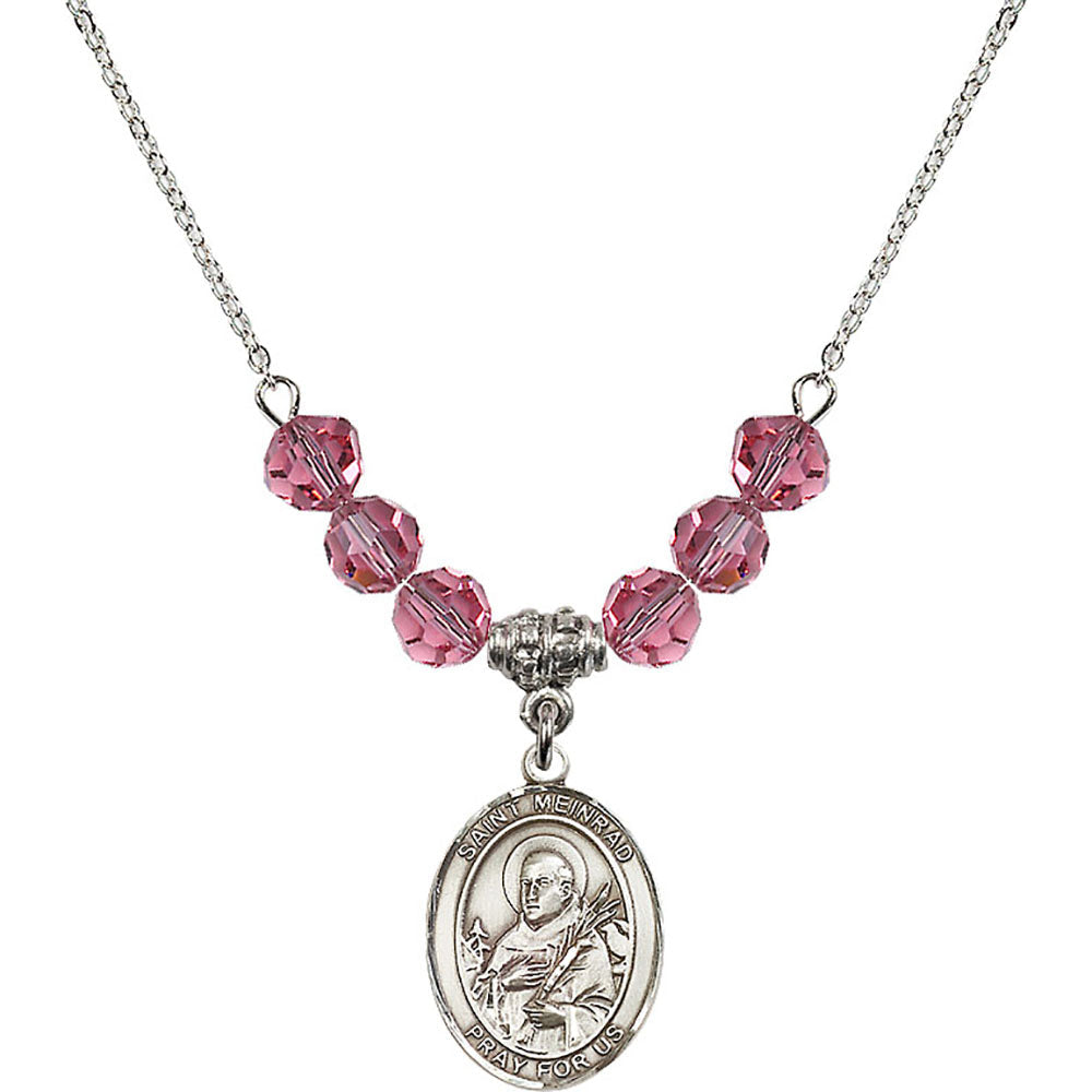 Sterling Silver Saint Meinrad of Einsiedeln Birthstone Necklace with Rose Beads - 8307
