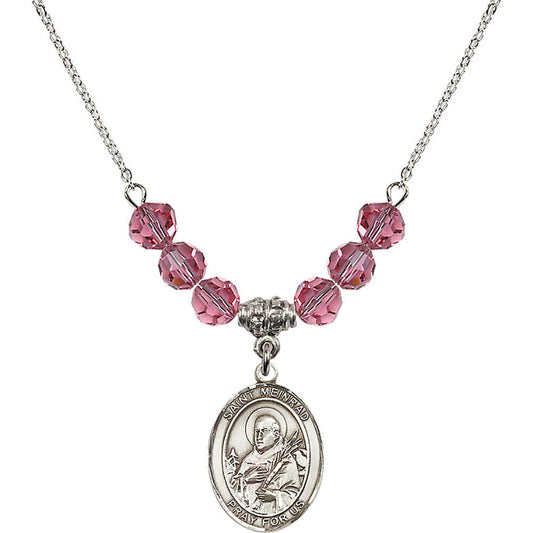 Sterling Silver Saint Meinrad of Einsiedeln Birthstone Necklace with Rose Beads - 8307