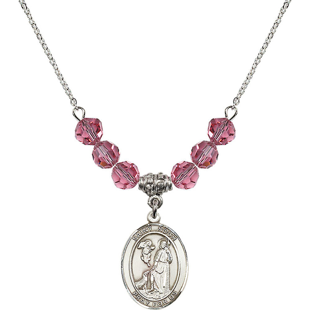 Sterling Silver Saint Roch Birthstone Necklace with Rose Beads - 8310