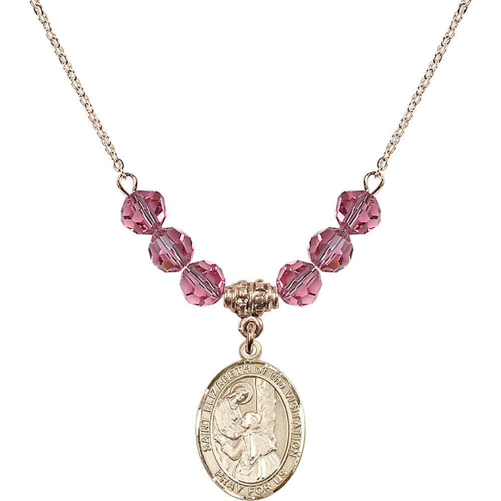 14kt Gold Filled Saint Elizabeth of the Visitation Birthstone Necklace with Rose Beads - 8311
