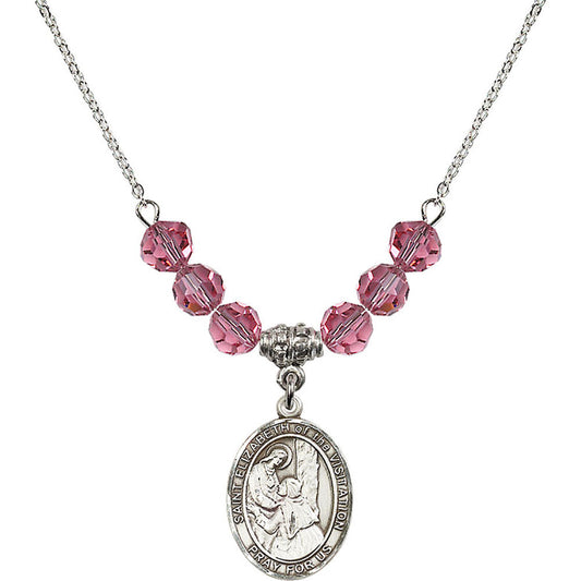 Sterling Silver Saint Elizabeth of the Visitation Birthstone Necklace with Rose Beads - 8311
