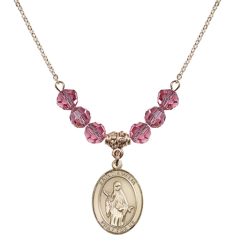 14kt Gold Filled Saint Amelia Birthstone Necklace with Rose Beads - 8313