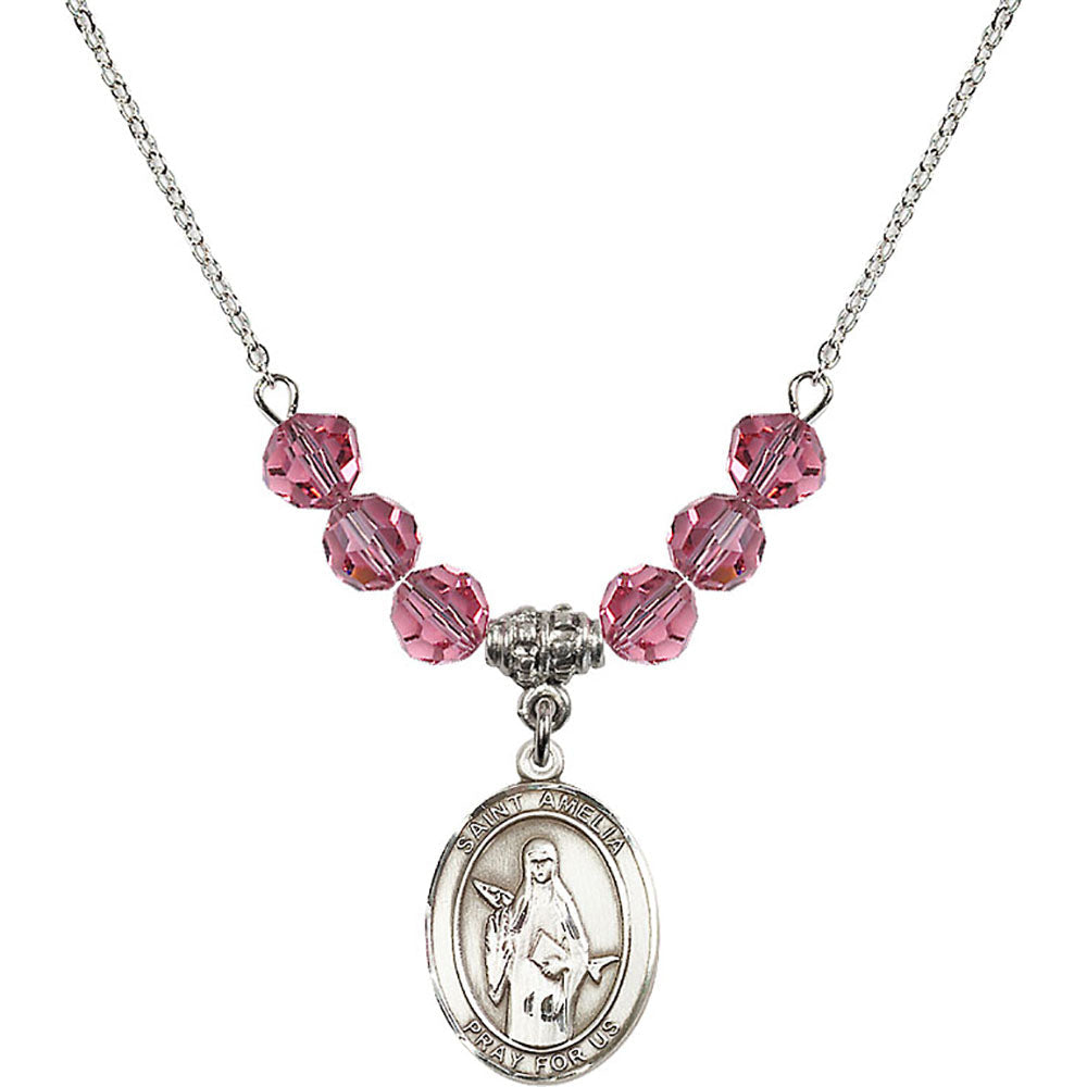Sterling Silver Saint Amelia Birthstone Necklace with Rose Beads - 8313