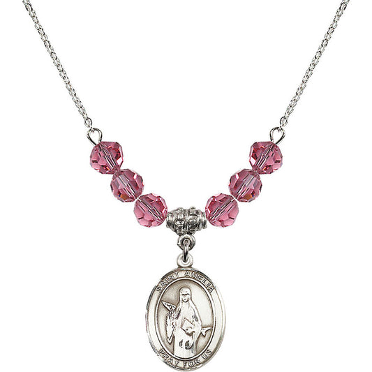 Sterling Silver Saint Amelia Birthstone Necklace with Rose Beads - 8313