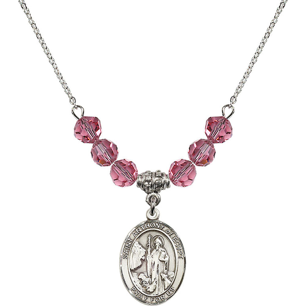 Sterling Silver Saint Anthony of Egypt Birthstone Necklace with Rose Beads - 8317