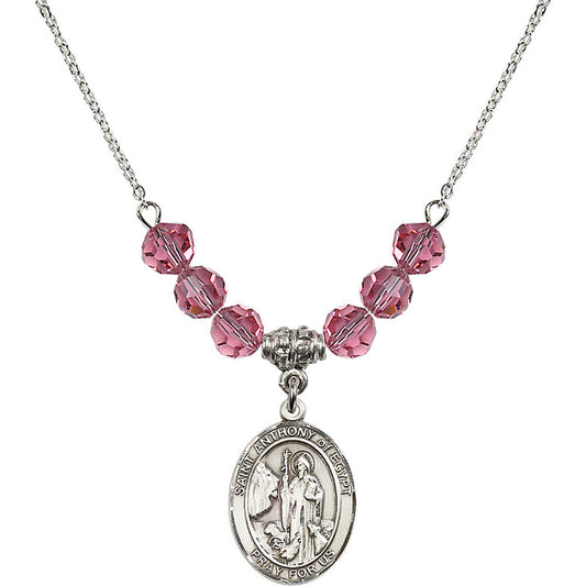 Sterling Silver Saint Anthony of Egypt Birthstone Necklace with Rose Beads - 8317