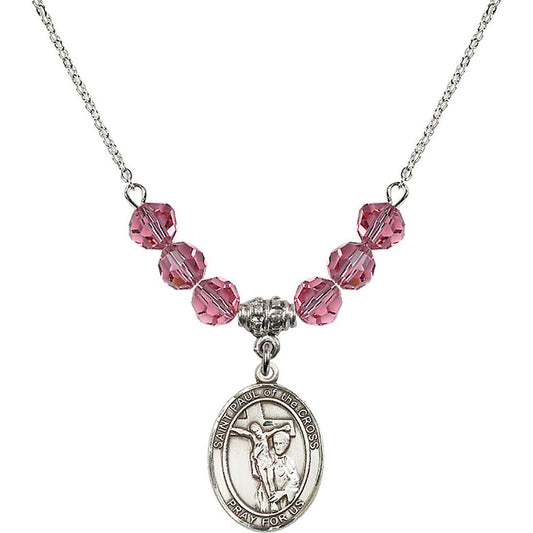 Sterling Silver Saint Paul of the Cross Birthstone Necklace with Rose Beads - 8318