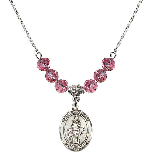 Sterling Silver Saint Cornelius Birthstone Necklace with Rose Beads - 8325