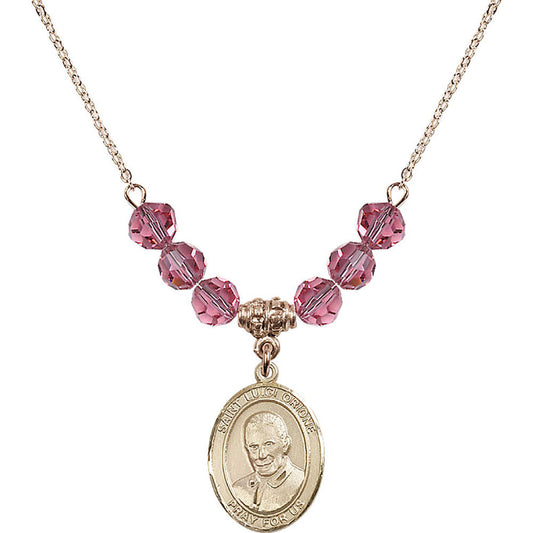 14kt Gold Filled Saint Luigi Orione Birthstone Necklace with Rose Beads - 8326
