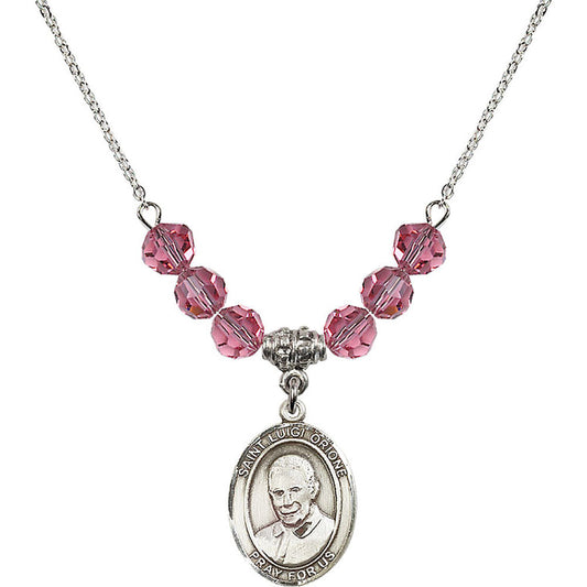 Sterling Silver Saint Luigi Orione Birthstone Necklace with Rose Beads - 8326