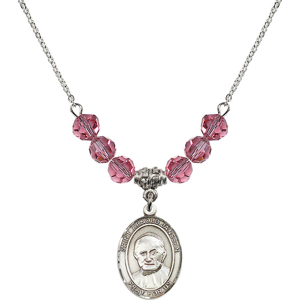Sterling Silver Saint Arnold Janssen Birthstone Necklace with Rose Beads - 8328